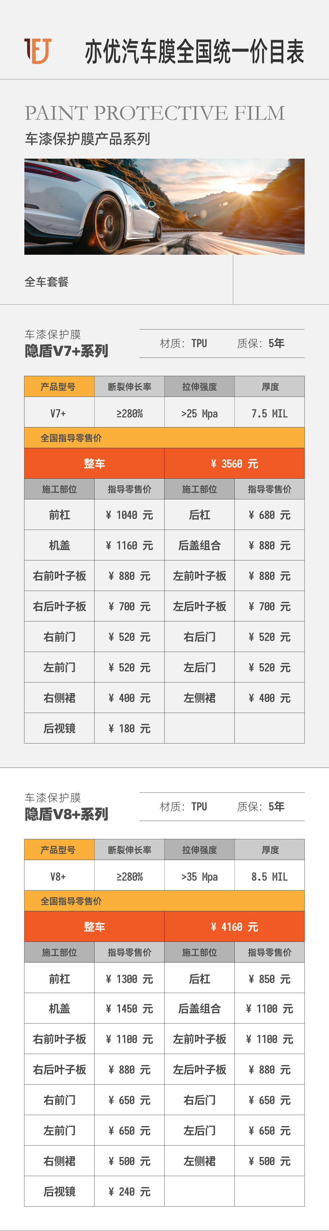 亦优 · 价目表——隐形车衣